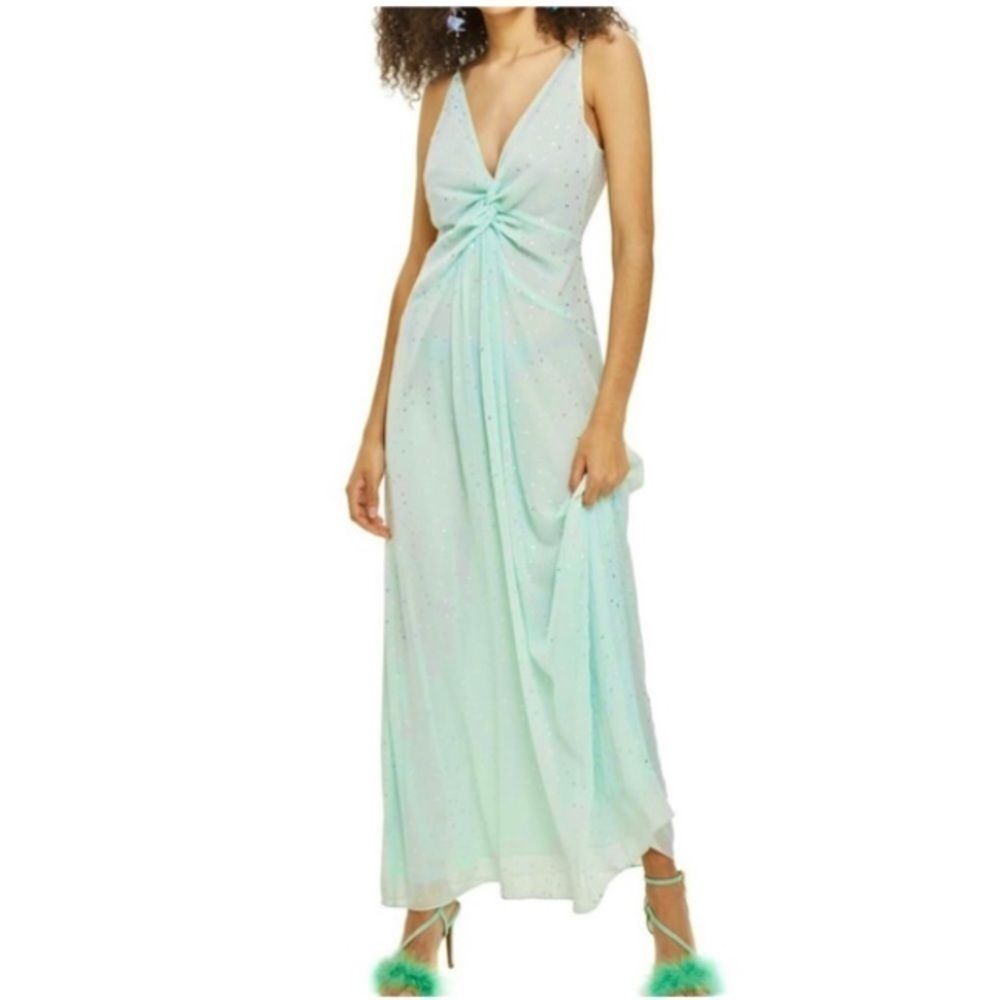 Topshop Mint & Silver Foil Polka Dot Chiffon Maxi Dress Size 2